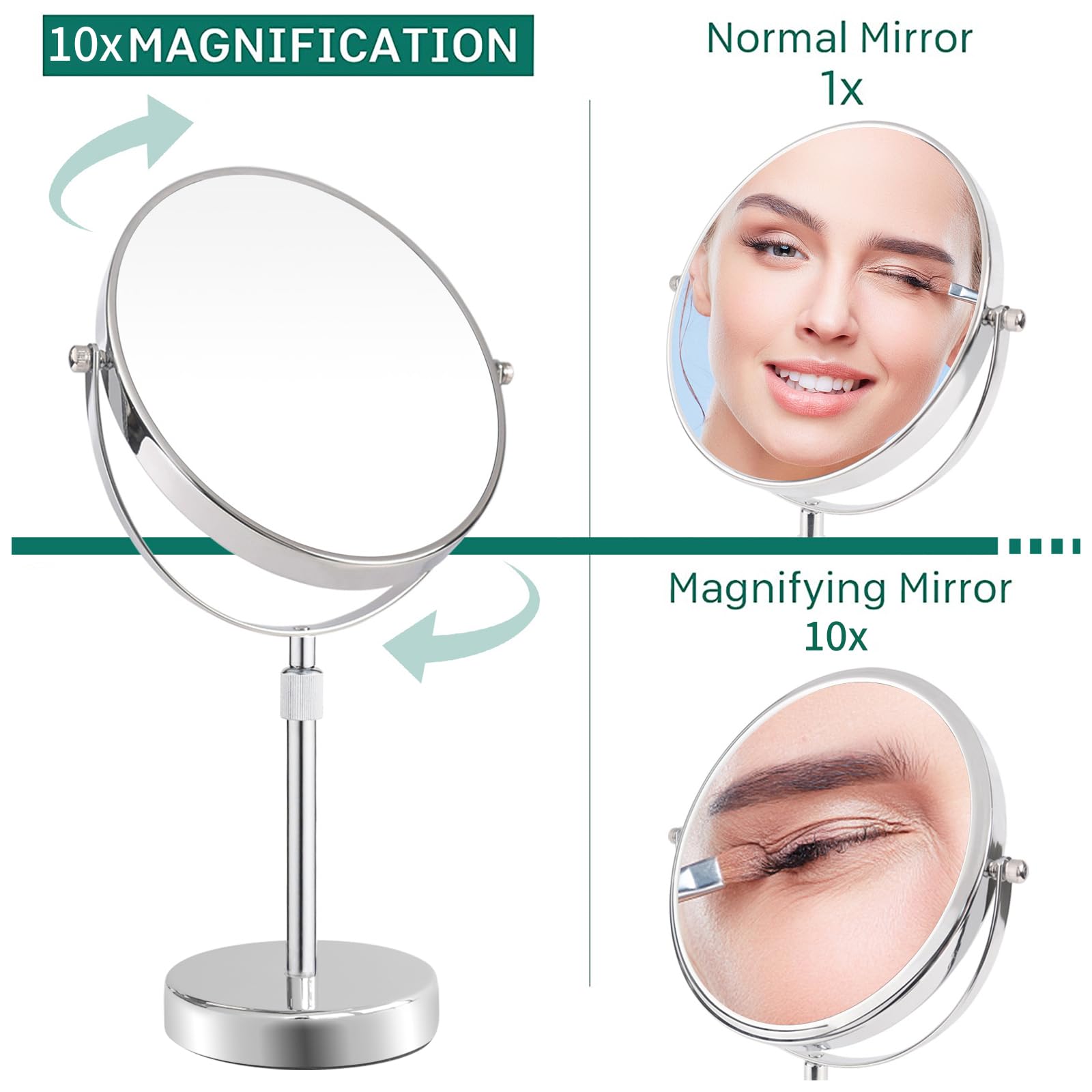 Nicesail 19 Inch Tall Makeup Mirror with 10X Magnification  Make up Mirror 8 Inch Double-Sided  Table Mirror with Pedestal for Shaving  Standing Mirror Height Adjustable Chrome Finish (8 Inch  10X)
